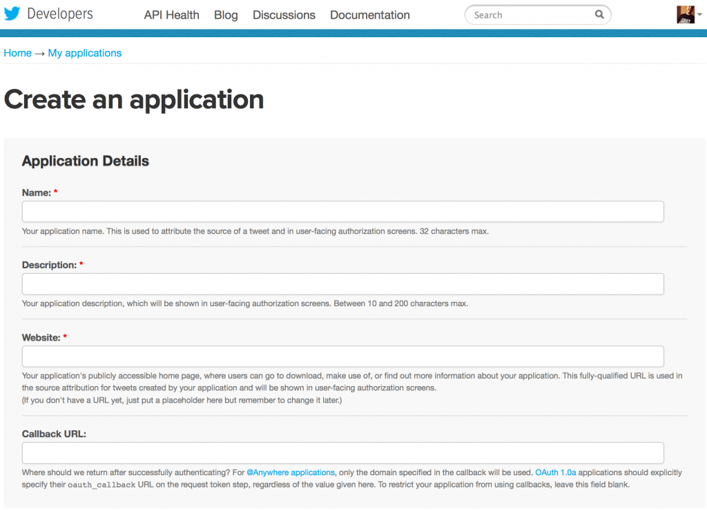 twitter create an application