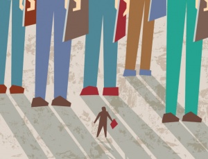 Small businessman figures and big legs. Color illustration.